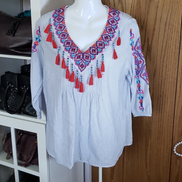 Chicos 2p blue stripe embroidered top tassles L - Picture 3 of 6
